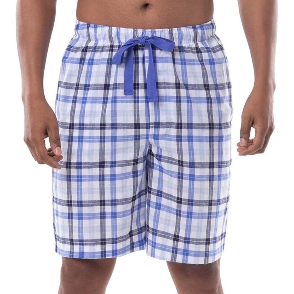 NWT IZOD Men's Plaid Print Relaxed Fit Poplin Drawstring Sleep Shorts Blue Large